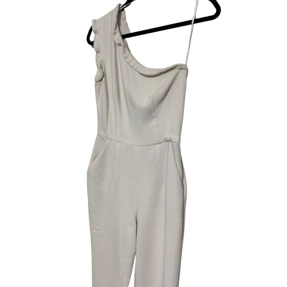 BLACK HALO Pravella Crepe One Shoulder Fitted Cropped Flare Jumpsuit White 2 - Picture 3 of 6